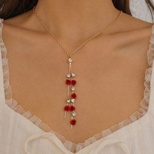 Gold Colored Rhinestone and Roses Lariat Necklace